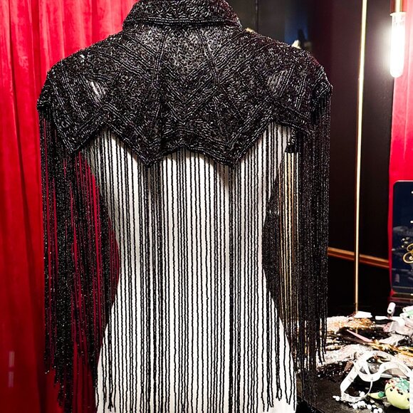 Black Fringe Cape, Beaded Rhinestone Shawl, Luxury Sequin Cape - Picture 7 of 13